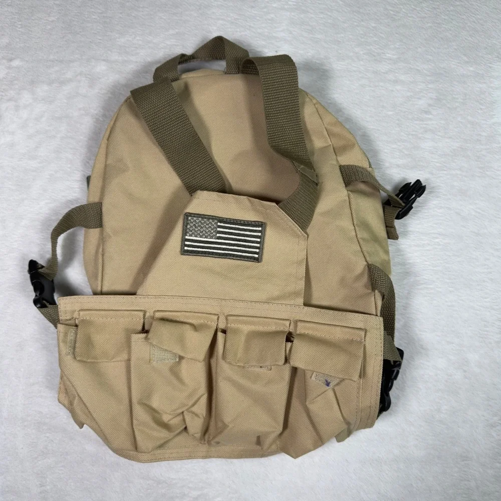Khaki Tan Tactical Cargo Backpack Mini Small US Flag Patch Kids Adult Casual Bag